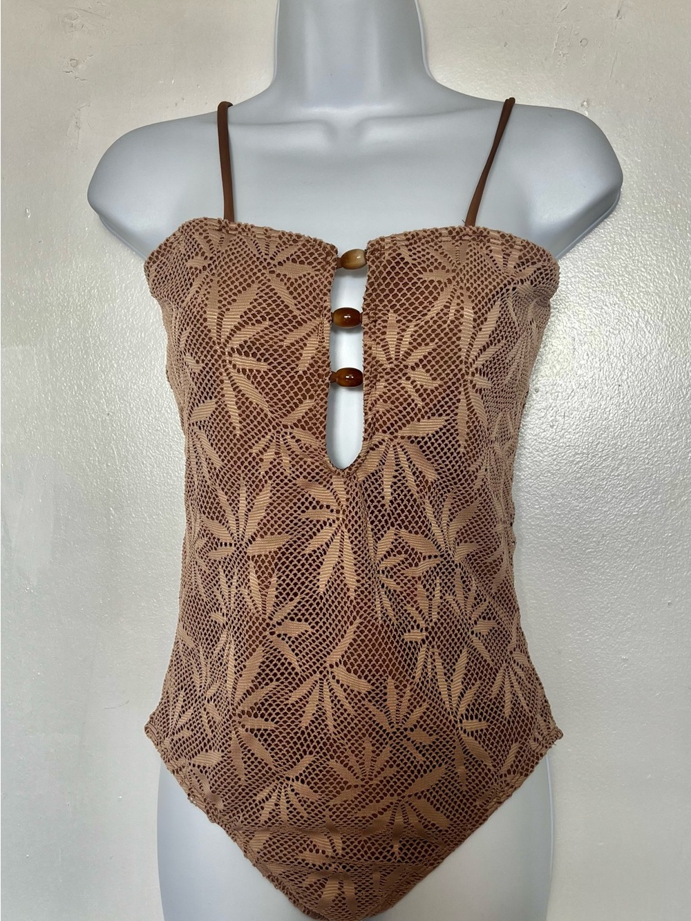 Commense Brown Crochet One-Piece Swimsuit with Button Trim